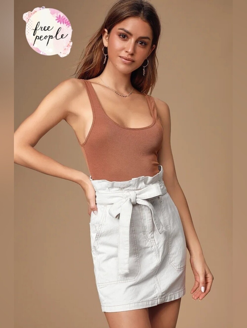 Free People Splendor in the Grass Paper Bag Waist Denim MiniSkirt Cream Sz 2 NEW